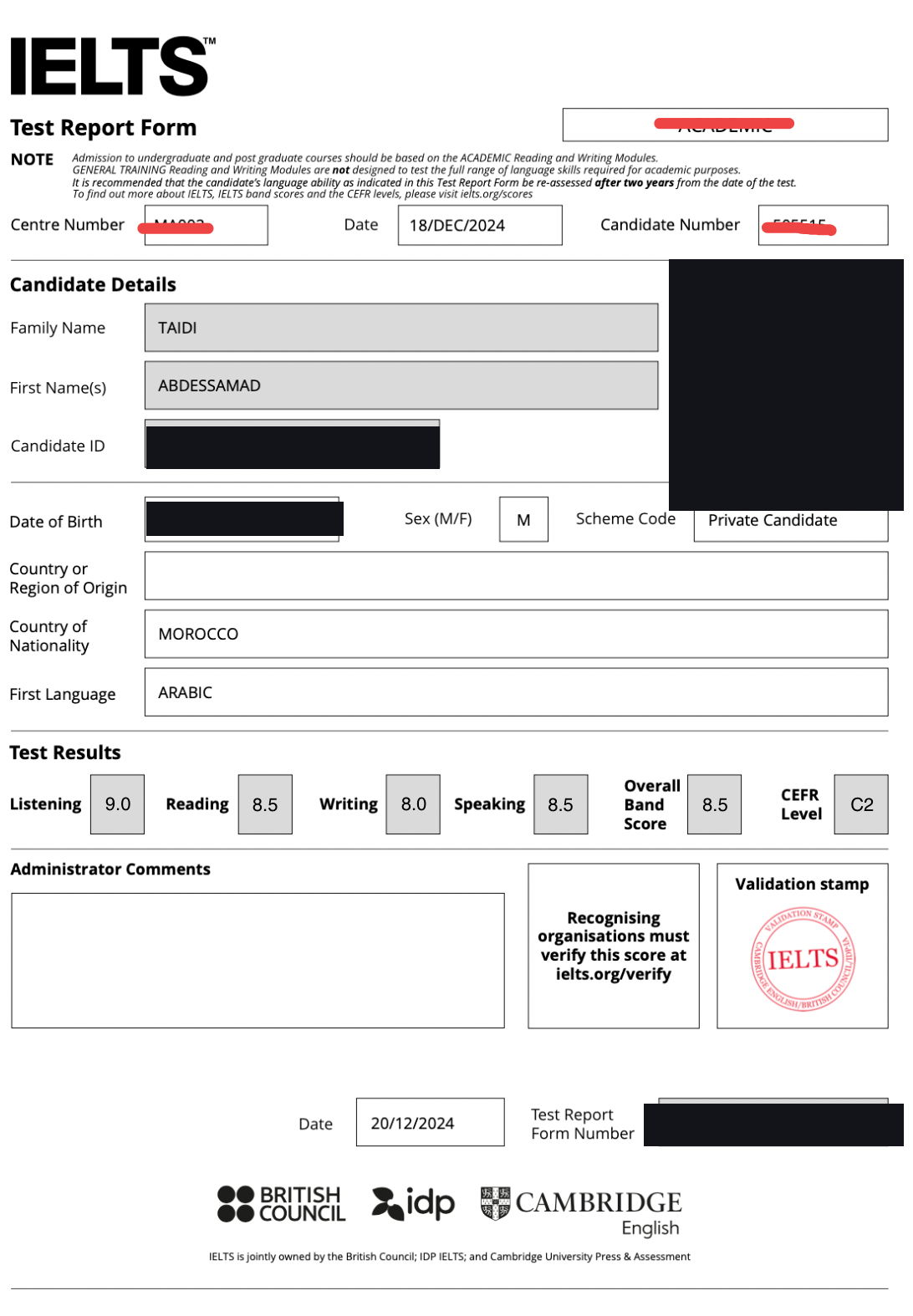 IELTS Test Report Form, Abdessamad Taidi, Overall Band 8.5, CEFR C2