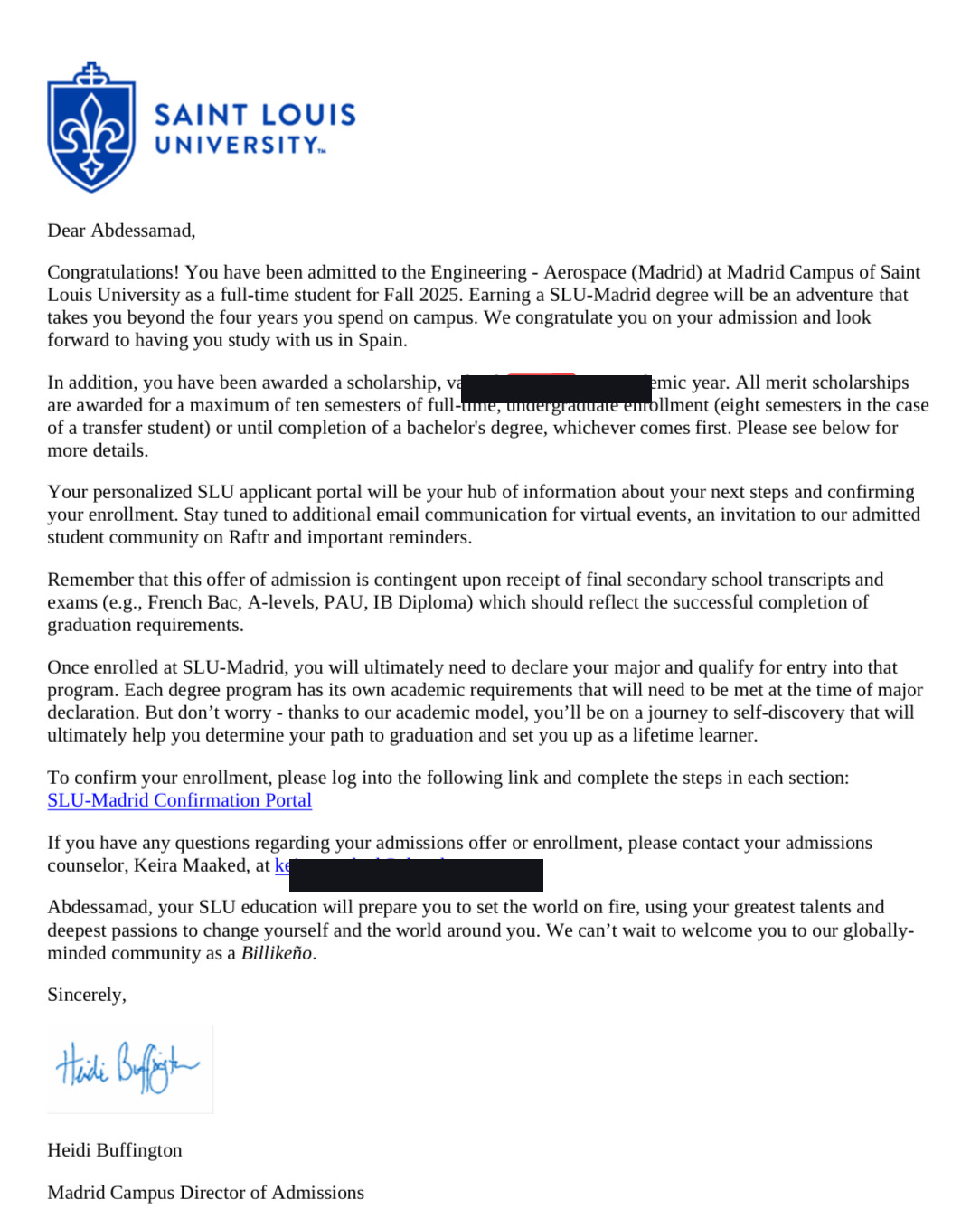 Saint Louis University admission letter, Engineering Aerospace, Madrid
